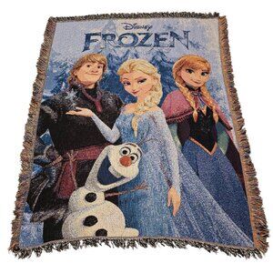 Disney Frozen Woven Tapestry Blanket Throw Fringe Anna Elsa Olaf Kristoff 48x60